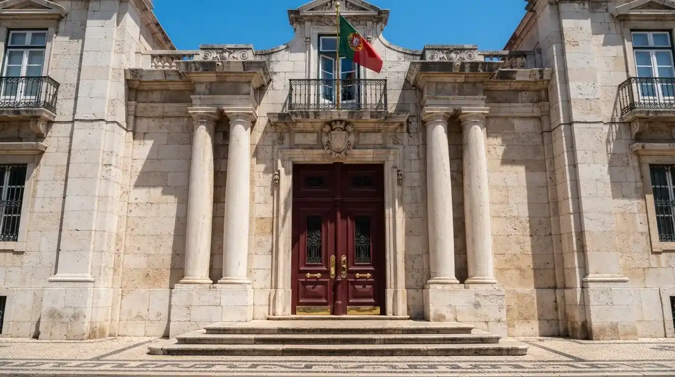 Fachada de edifício governamental em Lisboa com grandes portas de madeira e bandeira portuguesa, fotografada ao meio-dia com céu azul.