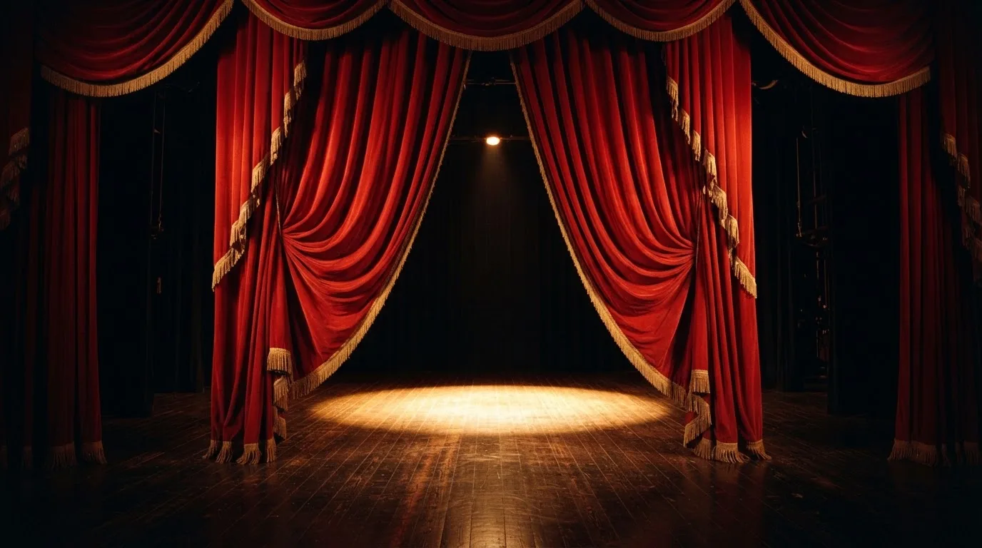 Cortina vermelha de teatro a abrir-se devagar sobre um palco vazio iluminado por um foco, como símbolo de novidade.