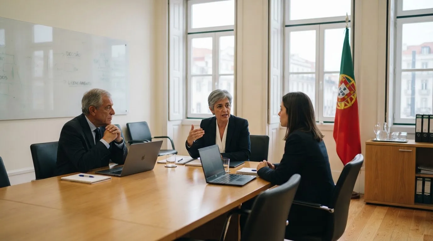 Funcionários de um serviço público a conversar numa sala de reuniões luminosa, com janelas amplas e portáteis fechados sobre a mesa.