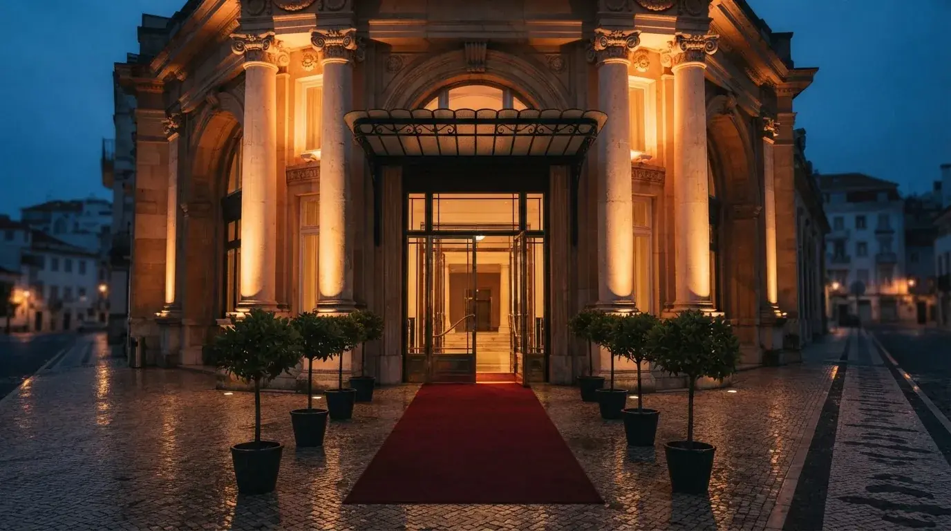 Entrada luminosa de um casino físico português à noite, com iluminação quente nas colunas e um tapete vermelho vazio à frente.